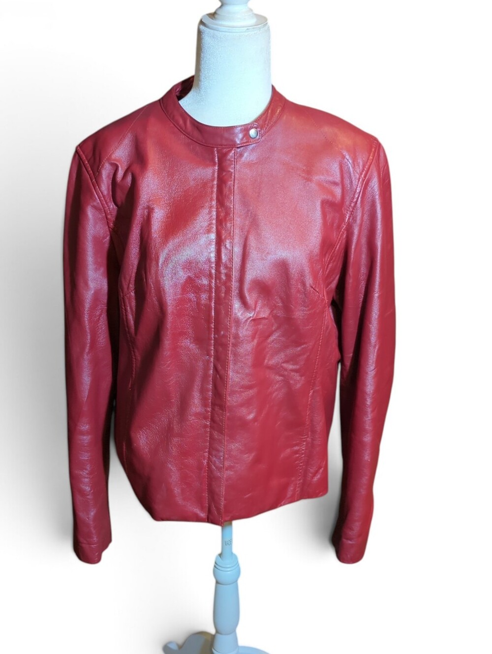 Style & Co Genuine Leather Bomber Jacket Red Zip Front Moto Classic Sz XL
